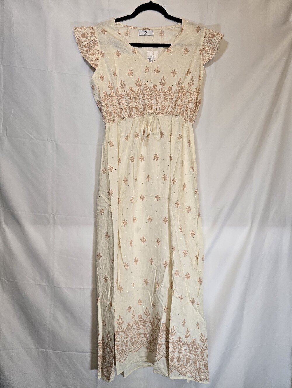 Off White & Caramel Floral Print Maxi Dress with Rhinestones